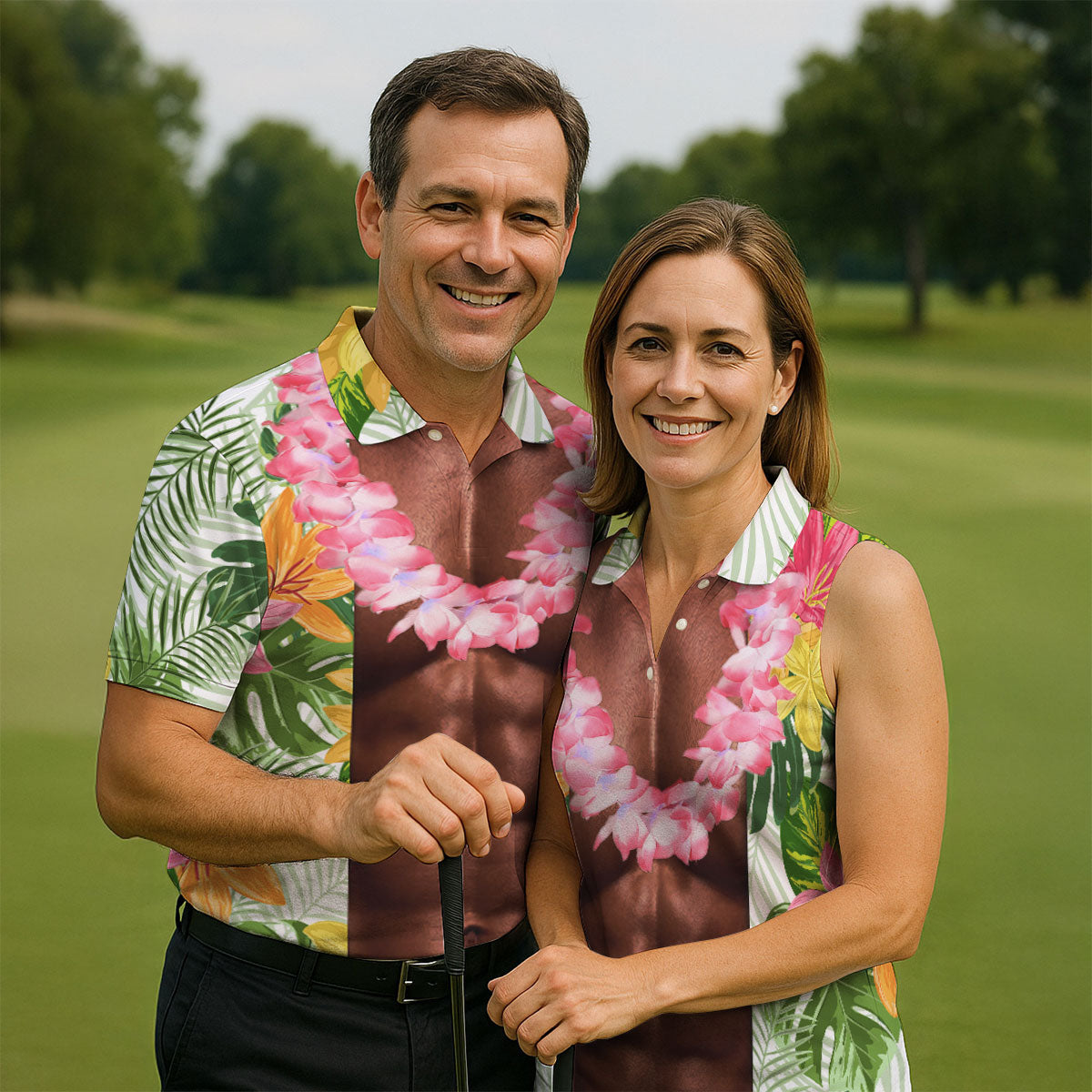 Tan Skin Tropical Muscle Chest Hawaiian Golf Polo Shirt, Golf Apparel For Men, Printed Golf Shirts