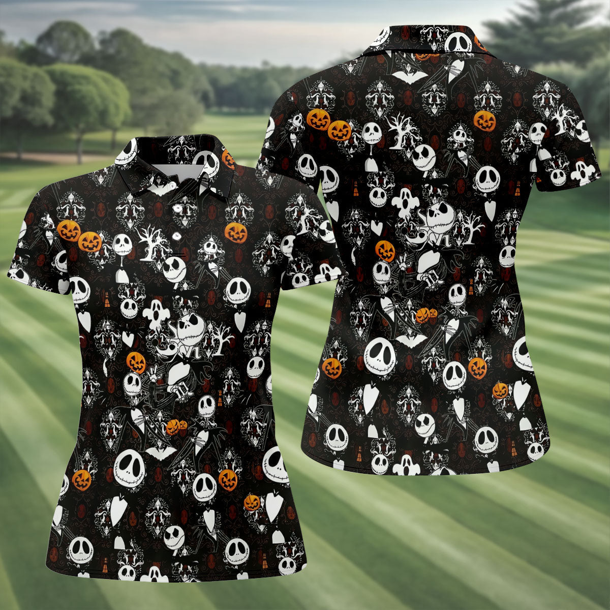 Halloween Pumpkin Skeleton Pattern Golf Polo Shirt, Golf Shirts For Women, Ladies Golf Tops