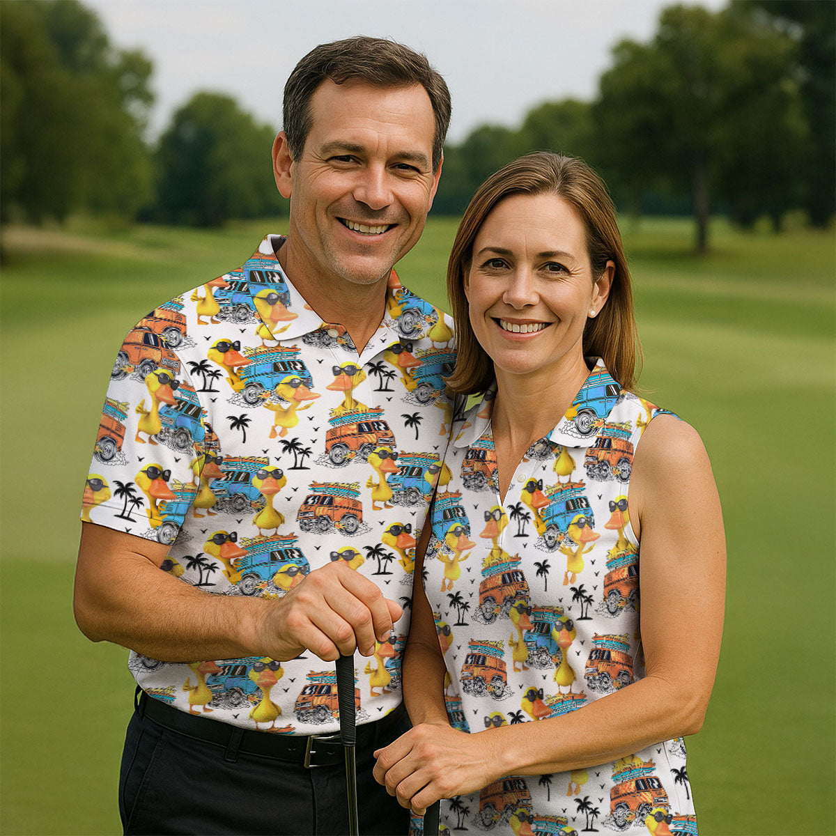 Cool Duck Surf Van Beach Golf Shirt, Women’s Golf Polo, Ladies Golf Tops, Printed Golf Shirt