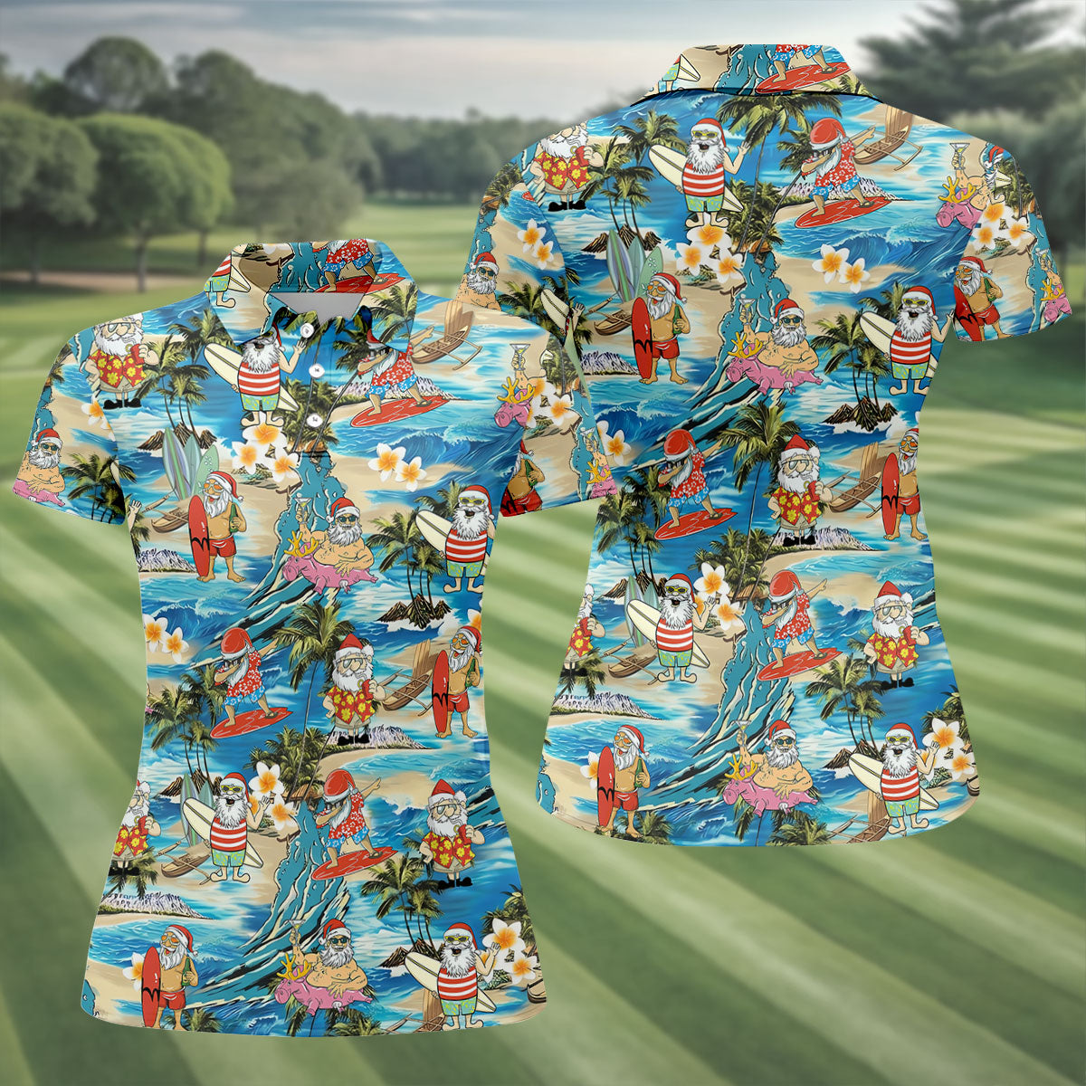 Women's Tropical Santa Surf Vacation Golf Shirt, Christmas Golf Shirt, Women’s Golf Apparel