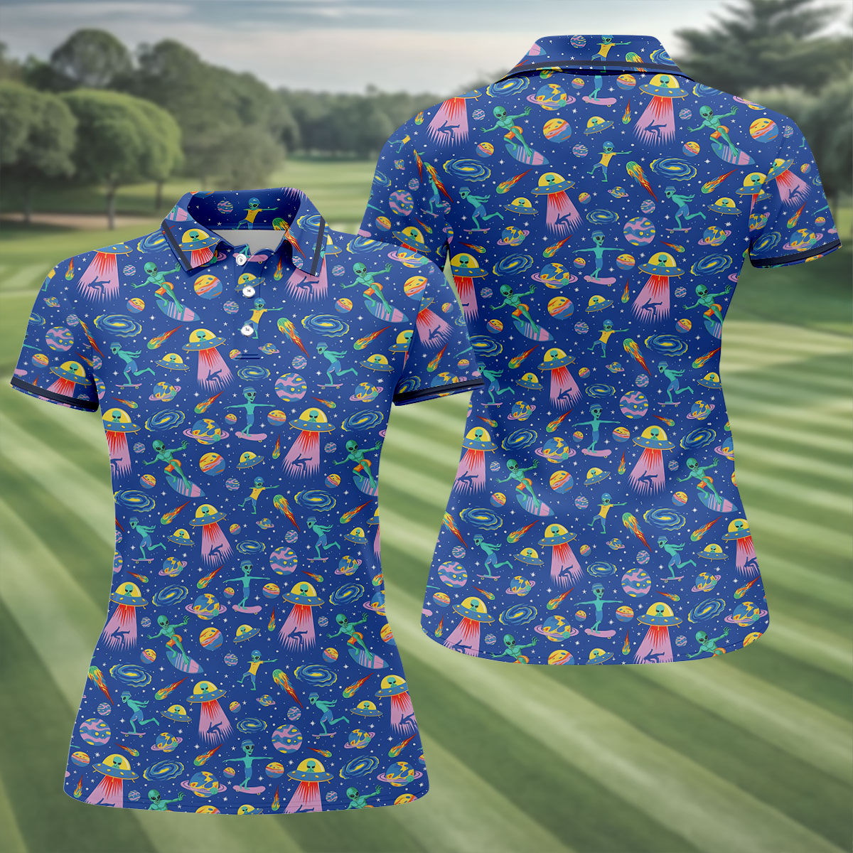 Surfing Alien Space Galaxy Hawaiian Golf Shirt, Golf Shirts For Women, Performance Golf Shirt