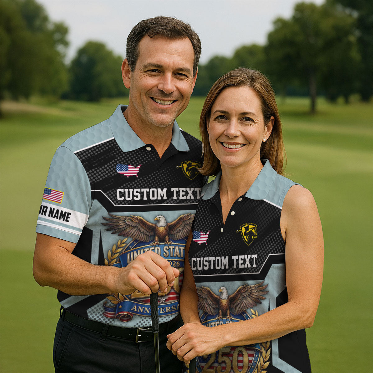 US 250 Anniversary Patriotic 4th Of July Blue Grey Golf Shirt, Polo Shirts For Men, Golf Shirts For Men