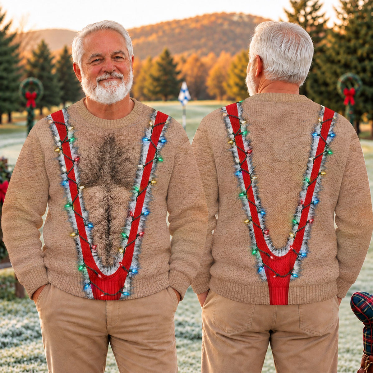 Hairy Chest Lights Print Sweater, Christmas Golf Shirt For Men, Ugly Christmas Sweater