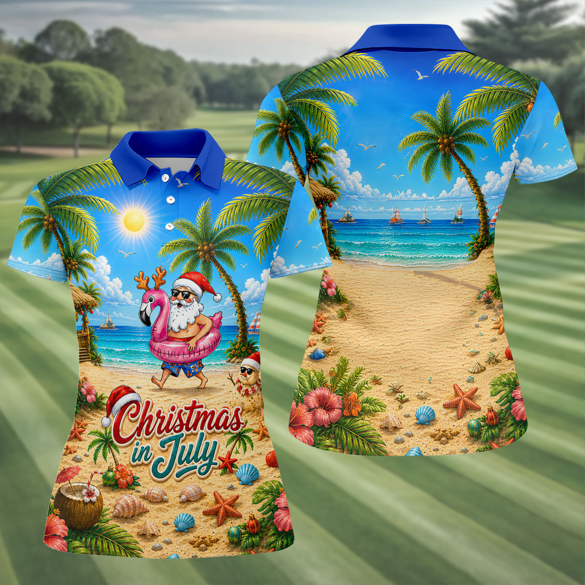 Santa Christmas In July Beach Golf Shirt, Christmas Golf Shirt, Women’s Golf Polo