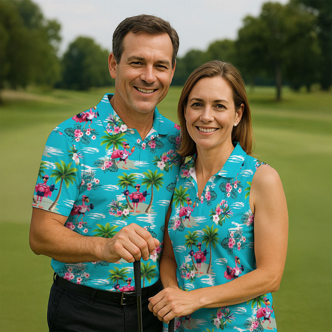 Funny Weightlifting Flamingo Tropical Hawaiian Golf Shirt, Mens Golf Polo, Printed Golf Shirts