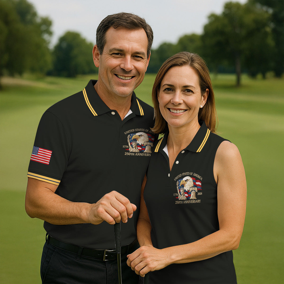Bald Eagle American Flag 250 Years Black Golf Shirt, Patriotic 4th Of July Golf Shirts For Men