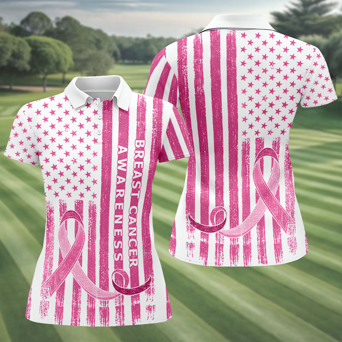 American Flag Breast Cancer Ribbon Polo Shirt, Women’s Golf Polo, Ladies Golf Tops