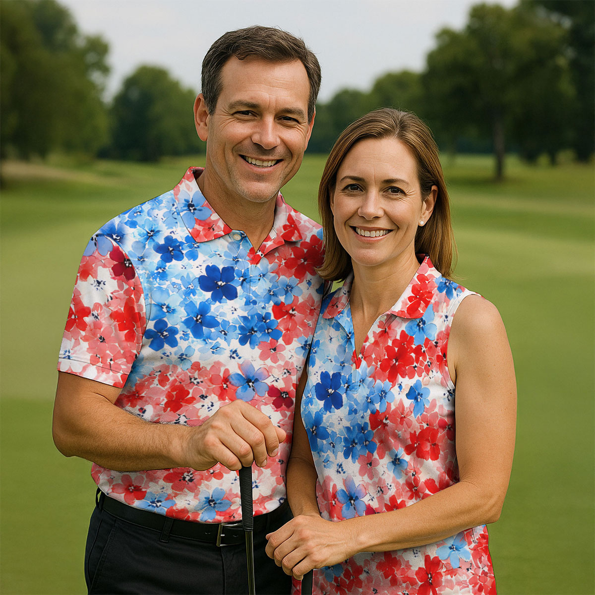Patriotic Floral Golf Shirt, Red White Blue Blossom Pattern, Golf Shirt For Men