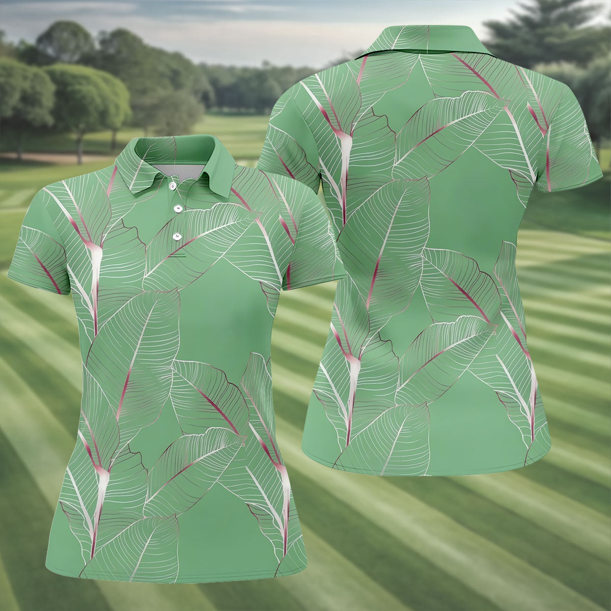 Tropical Leaves Green Golf Shirt, Summer Hawaiian Golf Shirt, Golf Shirt For Women