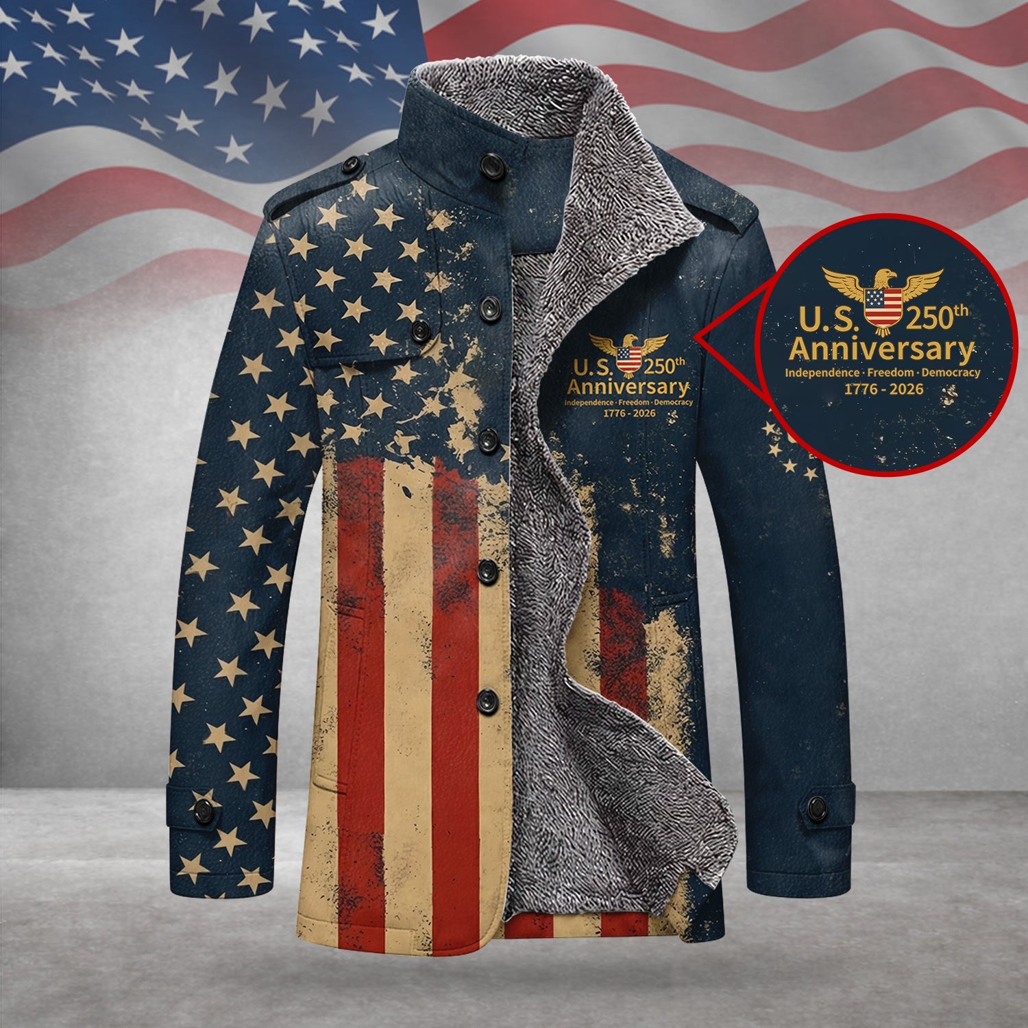 250th Anniversary Distressed Flag Men's Cold Premium Weather Jacket, Leather Trench Coat