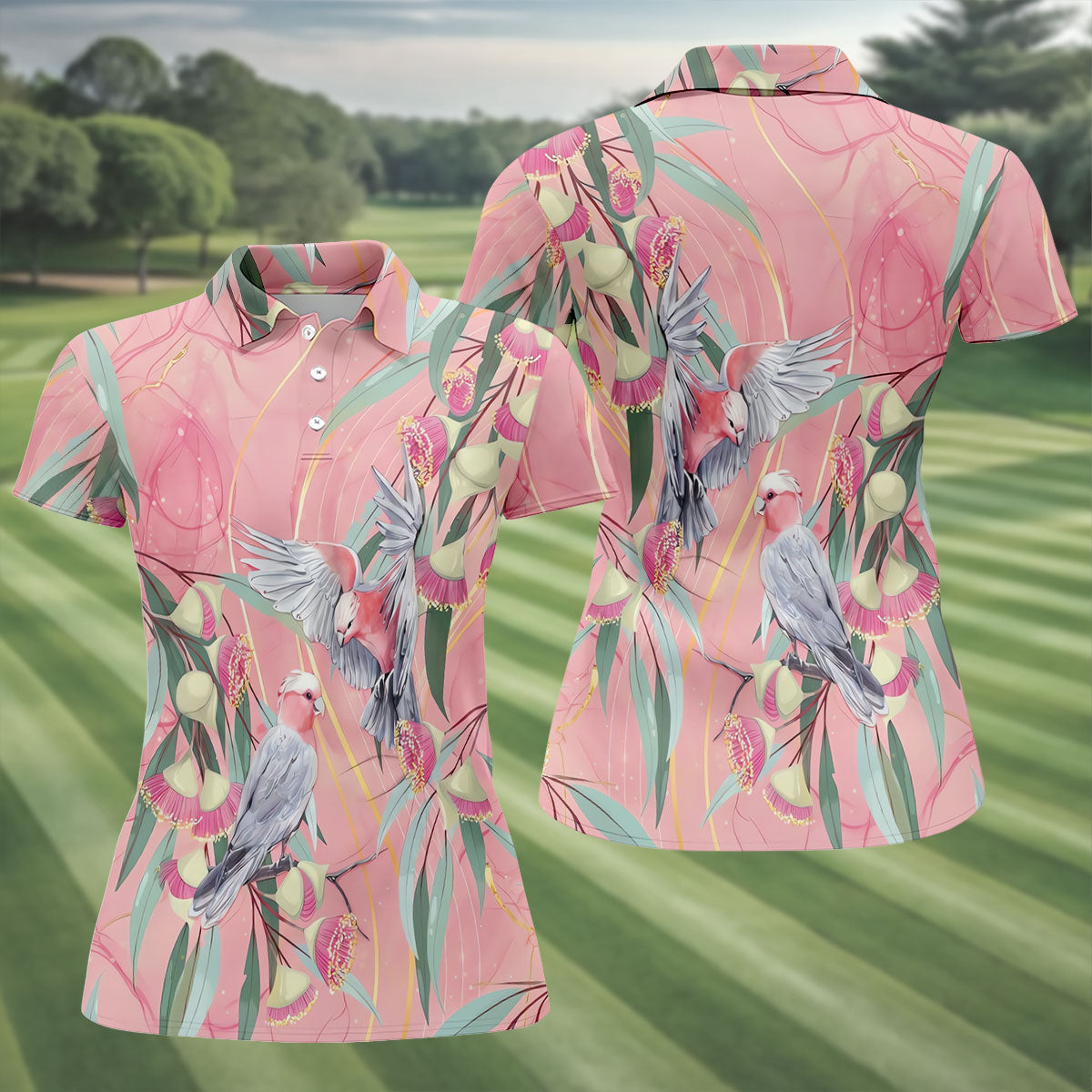 Pink Cockatoo Eucalyptus Floral Polo Shirt, Hawaiian Golf Shirt, Golf Tops For Women