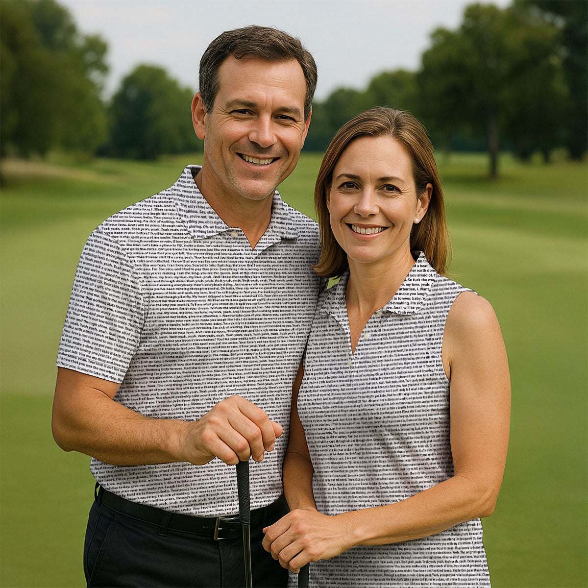 Beige Text Pattern Golf Polo Shirt, Mens Golf Shirts, Golf Apparel For Men