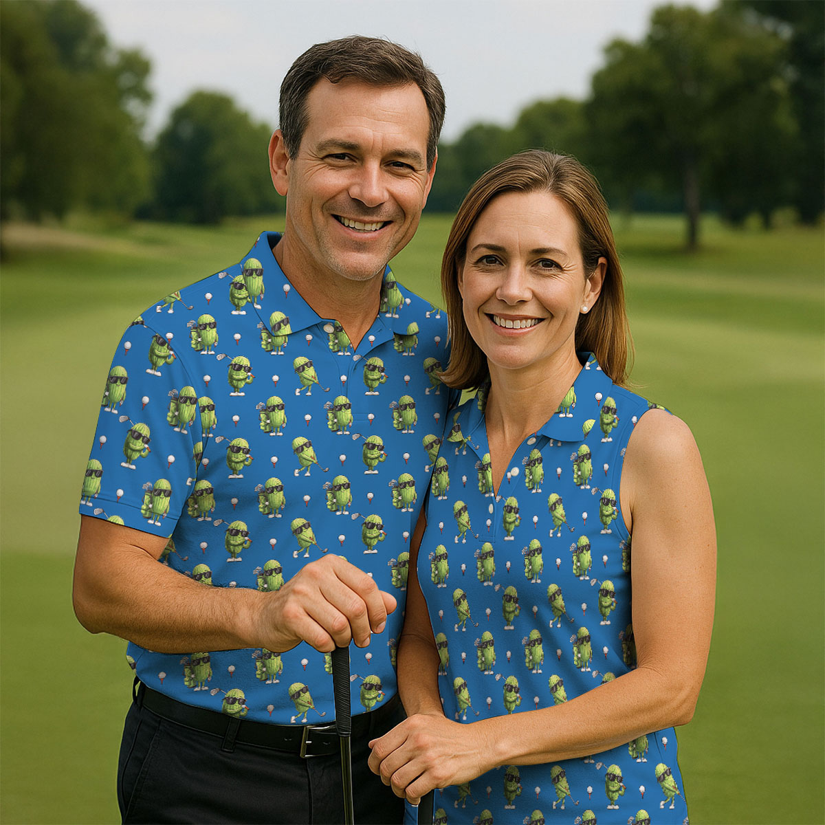 Cartoon Cactus Golfer Blue Golf Shirt, Mens Golf Polo, Golf Apparel For Men, Printed Golf Shirts