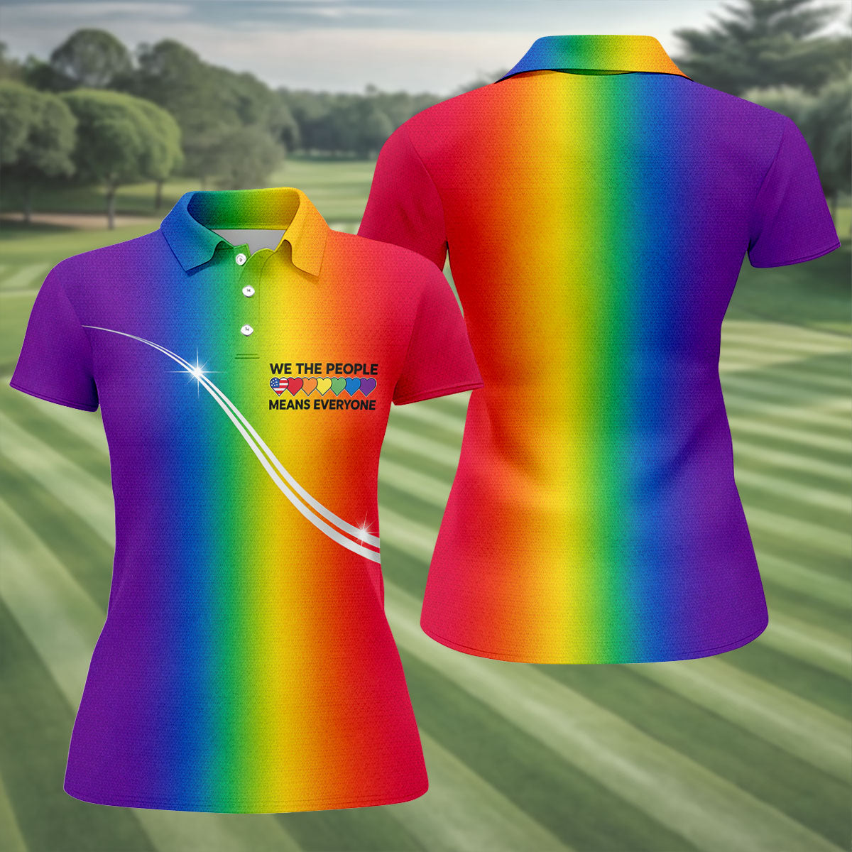 We The People Means Everyone LGBT Rainbow Gradient Ladies Golf Tops, Pride Month Golf Shirt For Women