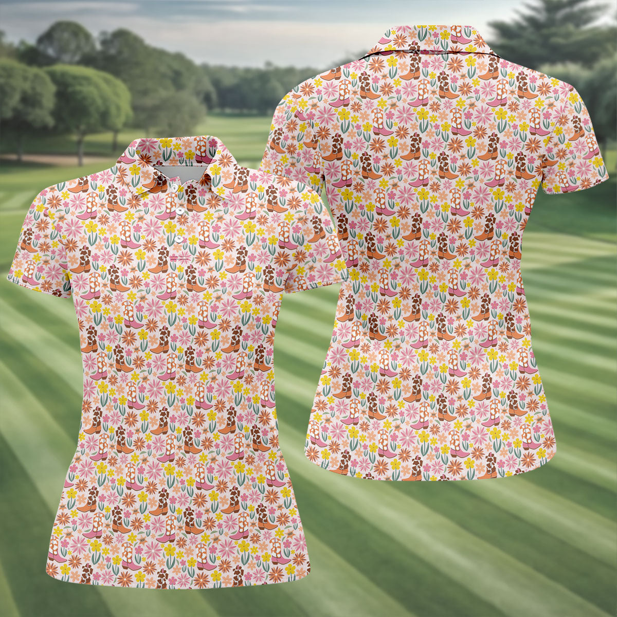 Pink Floral Cowgirl Boots Pattern Golf Polo Shirt, Golf Polo For Women, Ladies Golf Tops