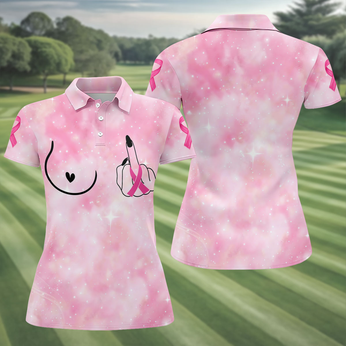 Pink Ribbon Middle Finger Breast Cancer Polo Shirt, Ladies Golf Shirt, Women's Golf Tops