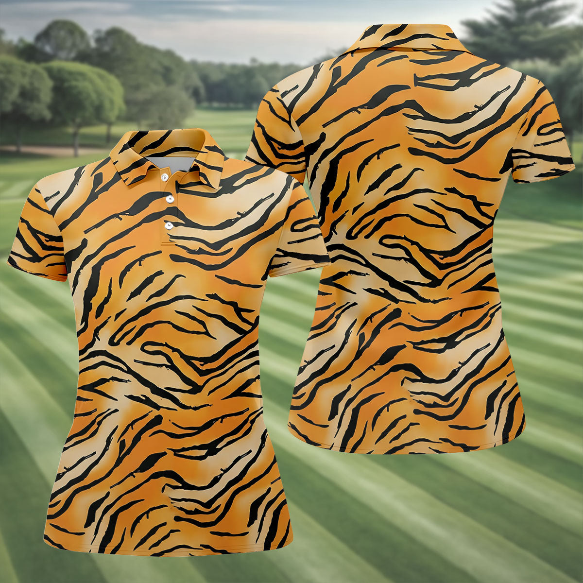 Tiger Stripe Pattern Hawaiian Golf Shirt, Fun Women's Golf Shirts, Ladies Golf Shirts