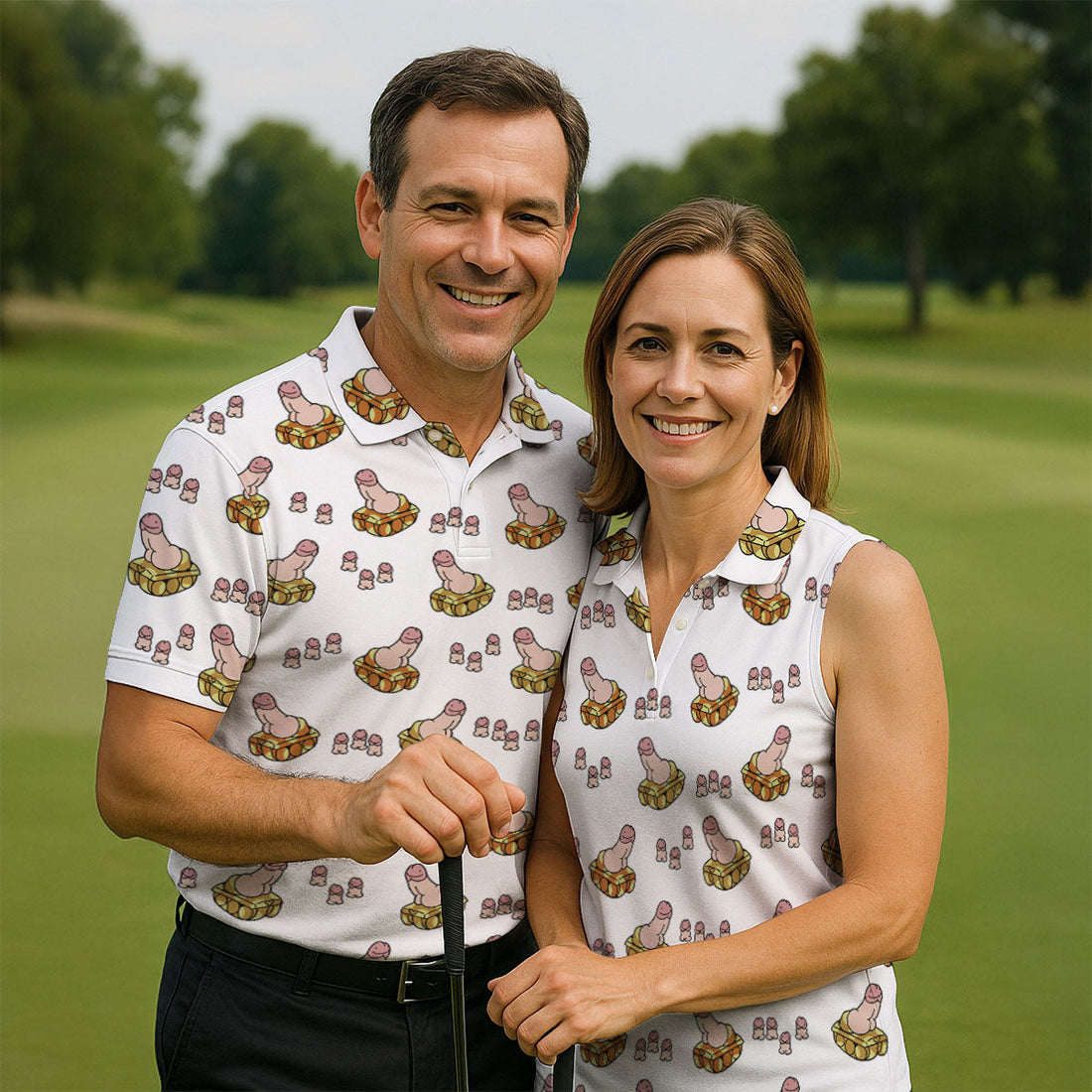 White Funny Adult Novelty Tank Pattern Golf Shirt, Golf Shirts For Men, Printed Golf Shirts