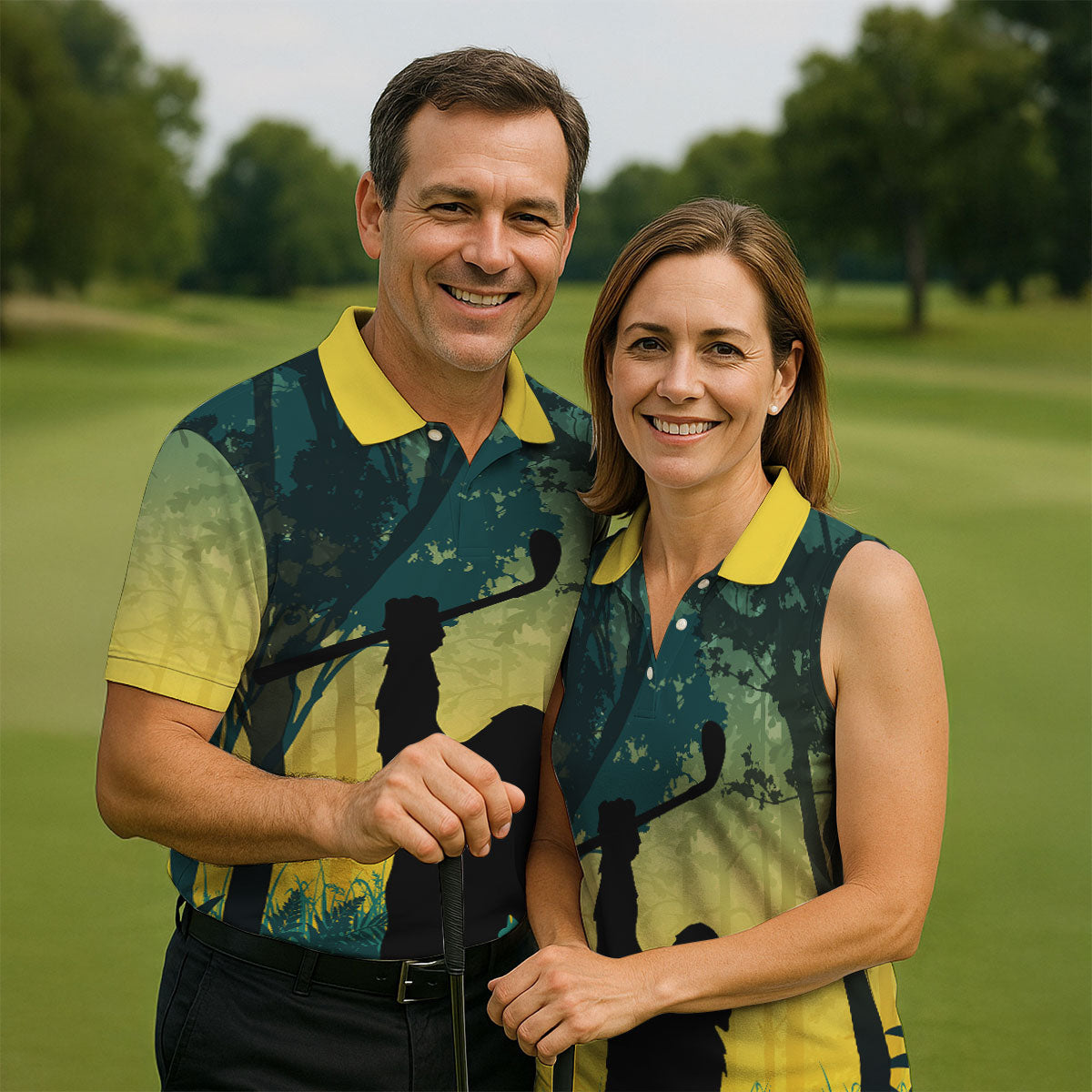 Bigfoot Golfer Forest Silhouette Polo Shirt, Golf Polo Shirts For Men, Mens Golf Apparel