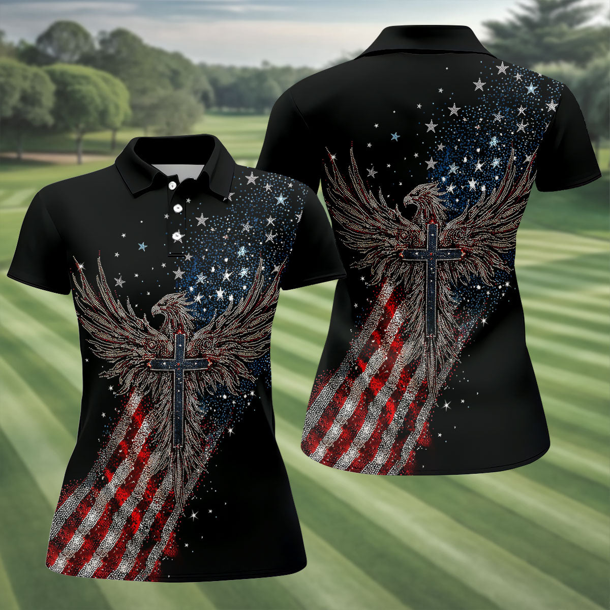Faith Cross Patriotic Eagle Rhinestones Pattern 4th Of July Golf Shirt, 250 Years Golf Shirt For Women