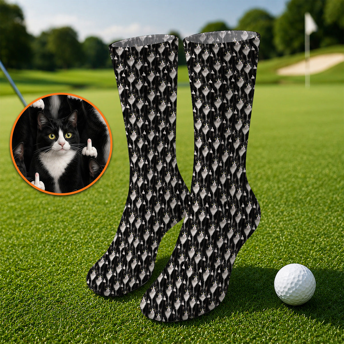 Funny Tuxedo Cat Golf Socks, Black White Cat Pattern Golf Sock, Crazy Cat Dad Golf Apparel