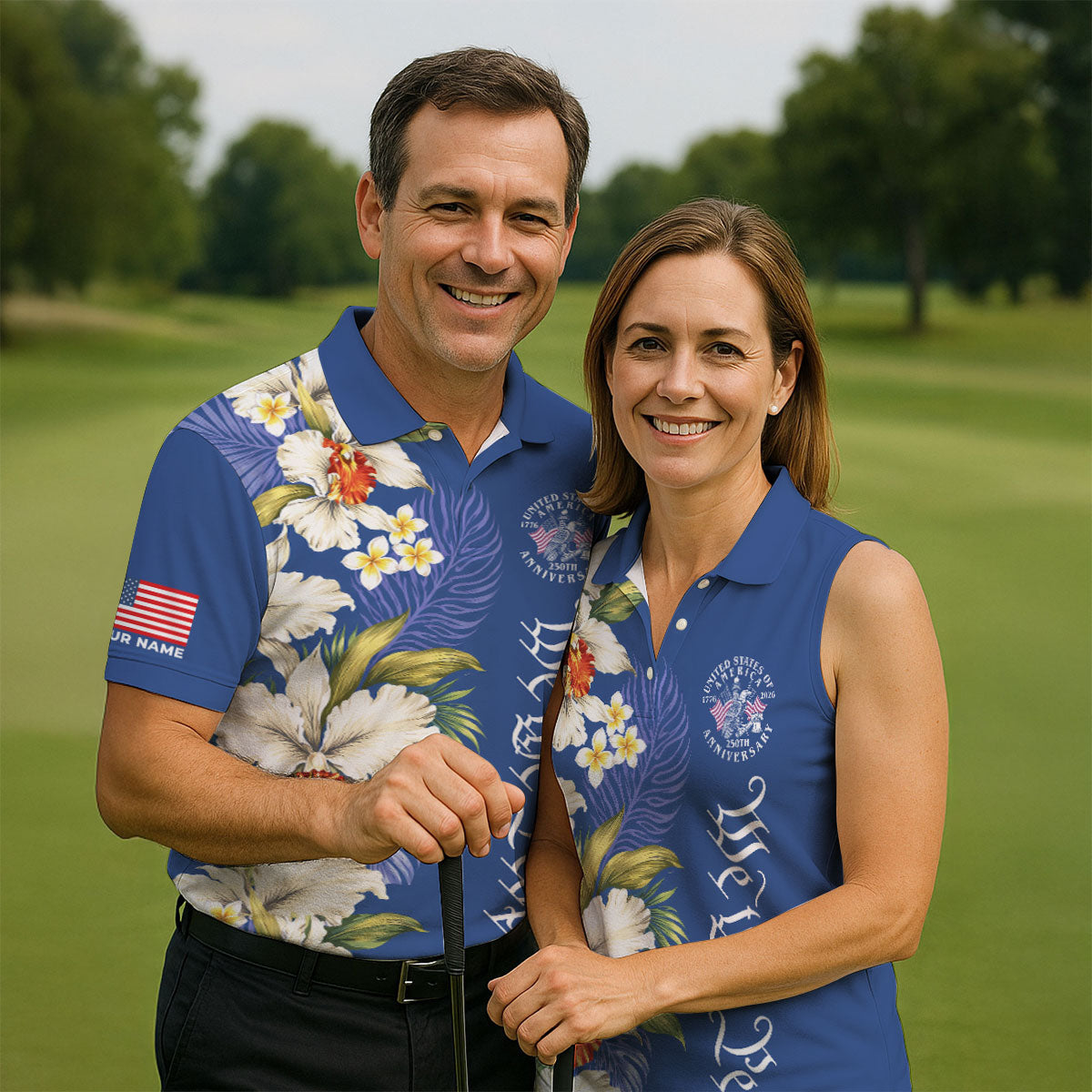 We The People Floral Pattern US Flag Golf Shirt, 250 Years 4th Of July Golf Shirts For Men