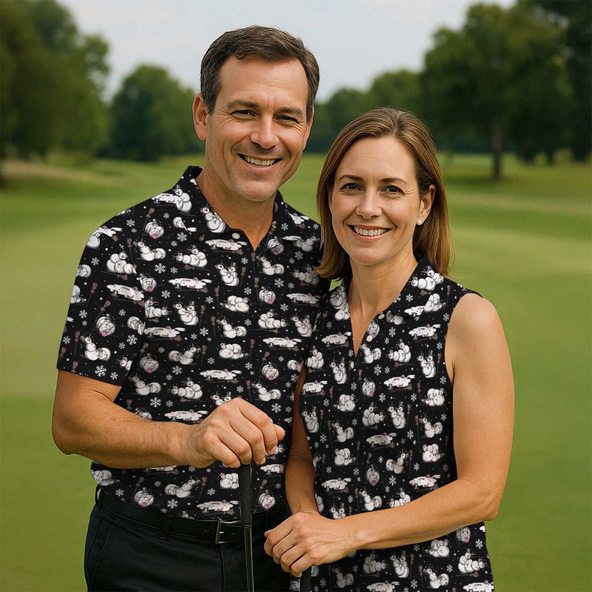 Funny Snowman Naughty Couple Black Golf Shirt, Christmas Golf Shirt, Golf Gift For Him, Polo Shirts For Men