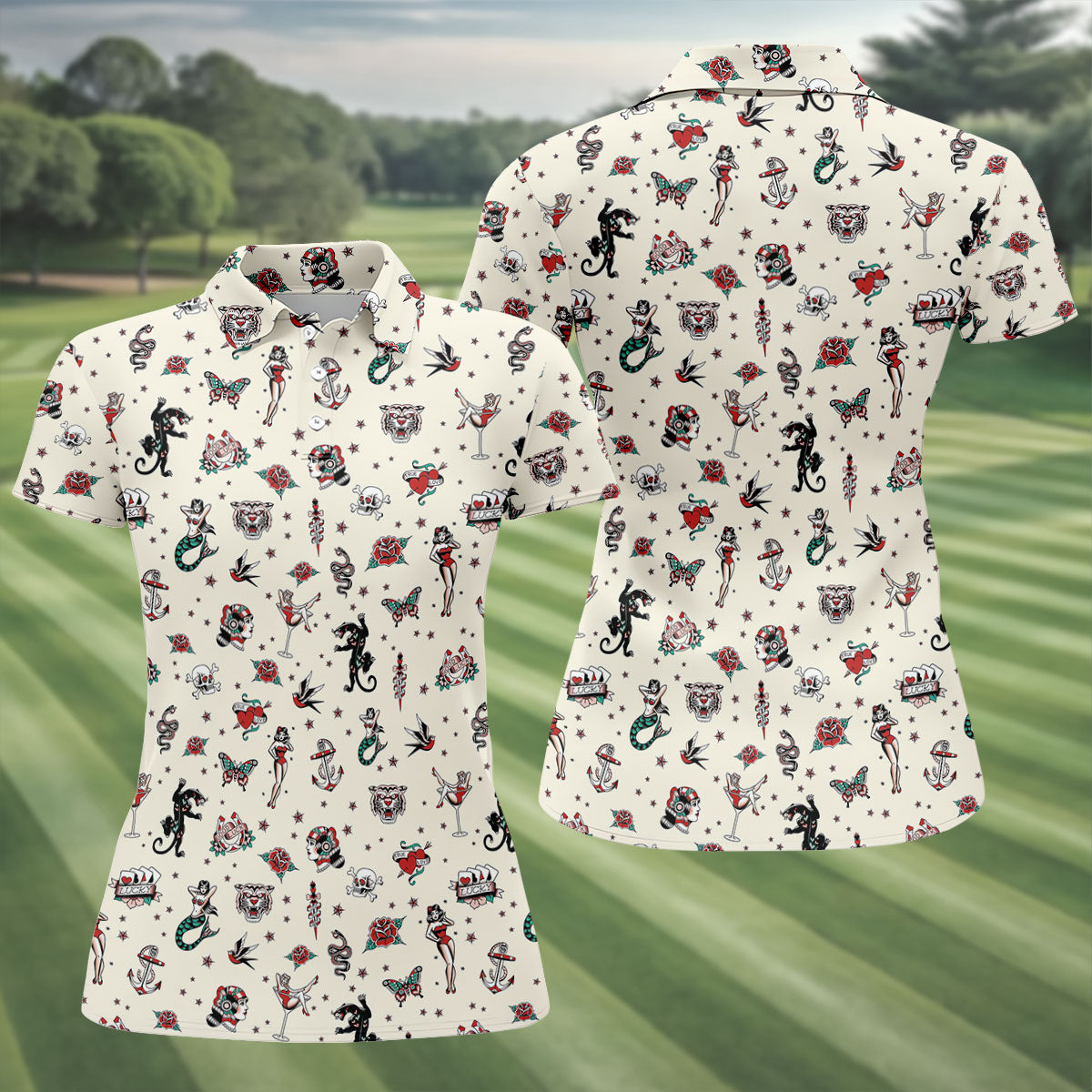 Old School Tattoo Flash Pattern Golf Polo Shirt, Women's Golf Tops, Ladies Golf Shirt