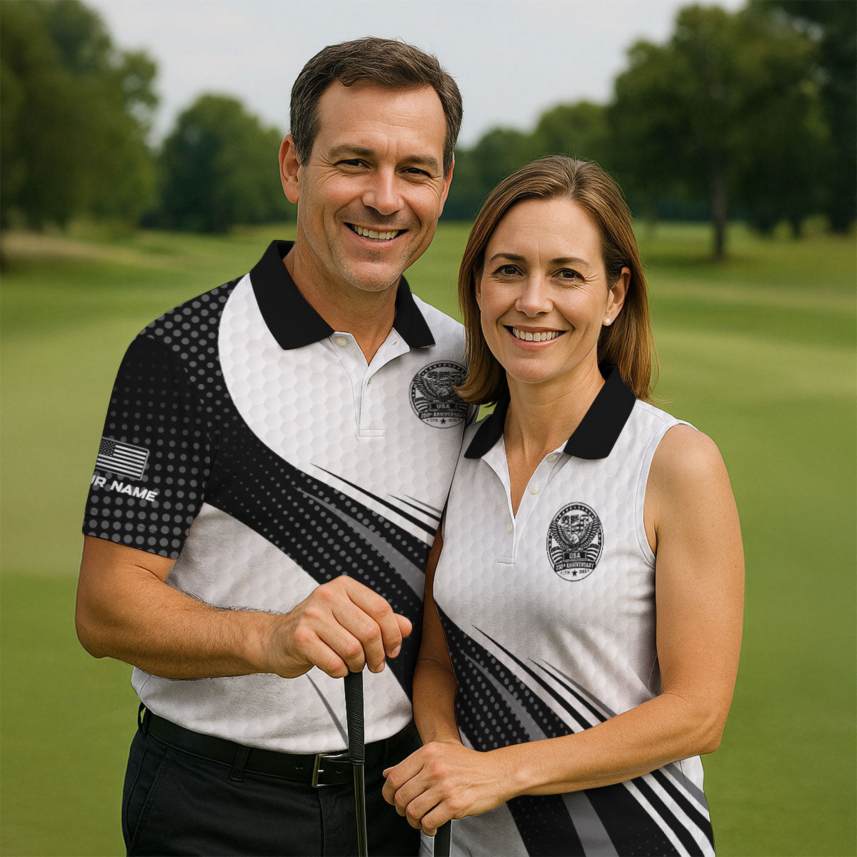 USA 250th Anniversary Black And White Golf Ball Pattern Golf Tops For Men, Patriotic Golf Shirts For Men