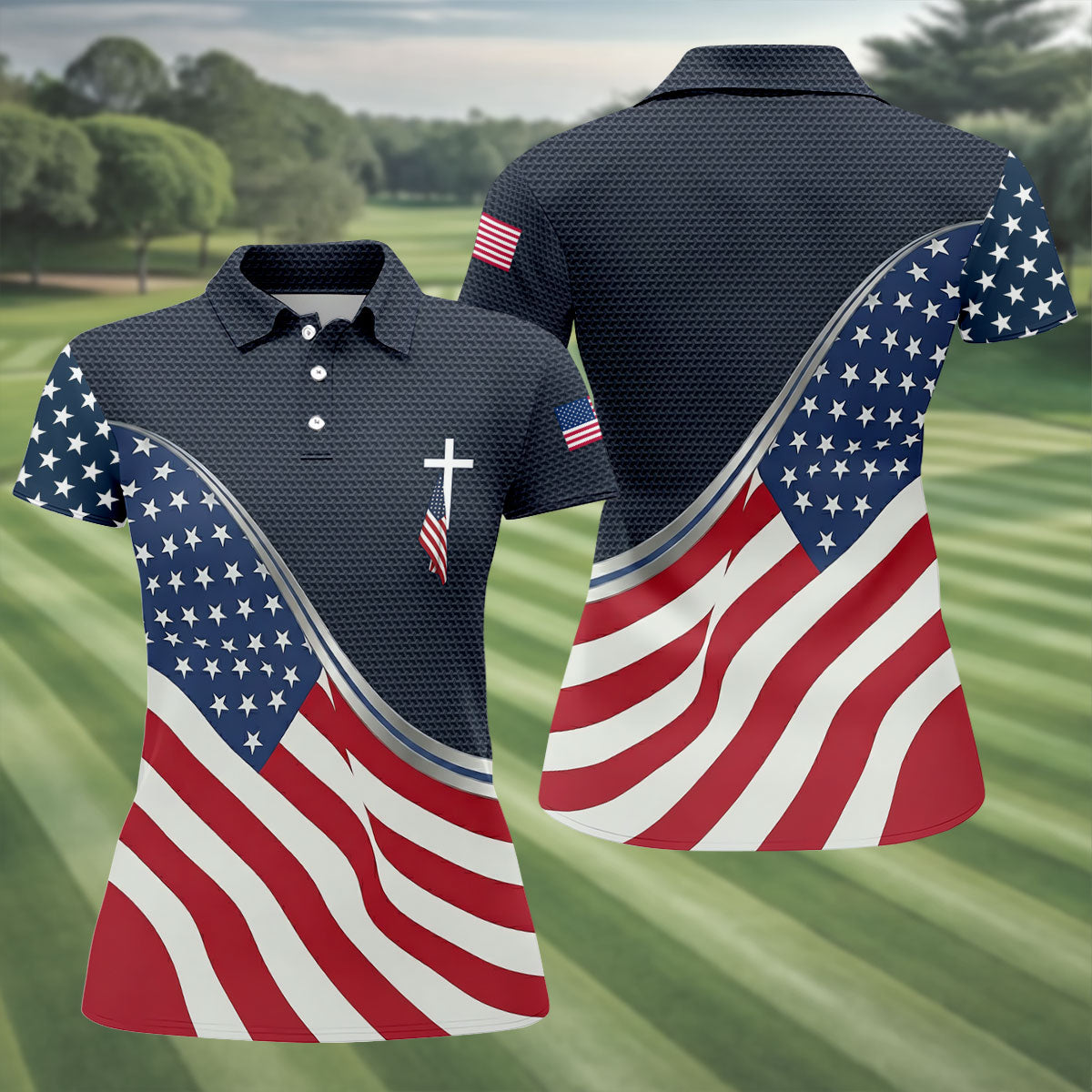 Christian American Flag Cross Golf Polo Shirt, Women's Golf Polo, Golf Tops For Women
