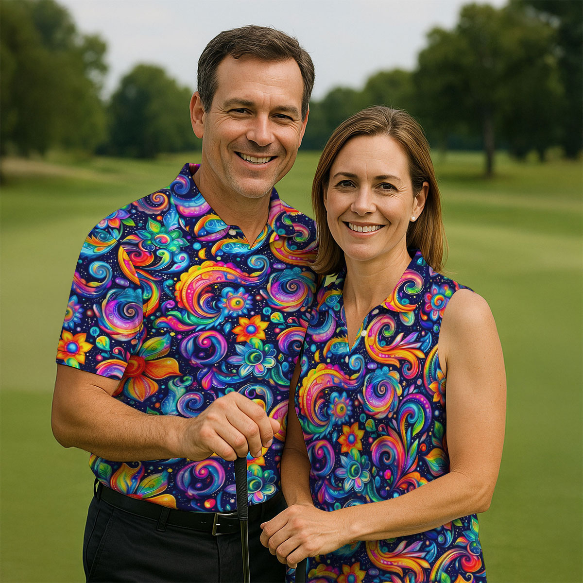 Colorful Psychedelic Swirl Floral Hawaiian Golf Shirt, Mens Golf Shirts, Golf Apparel For Men
