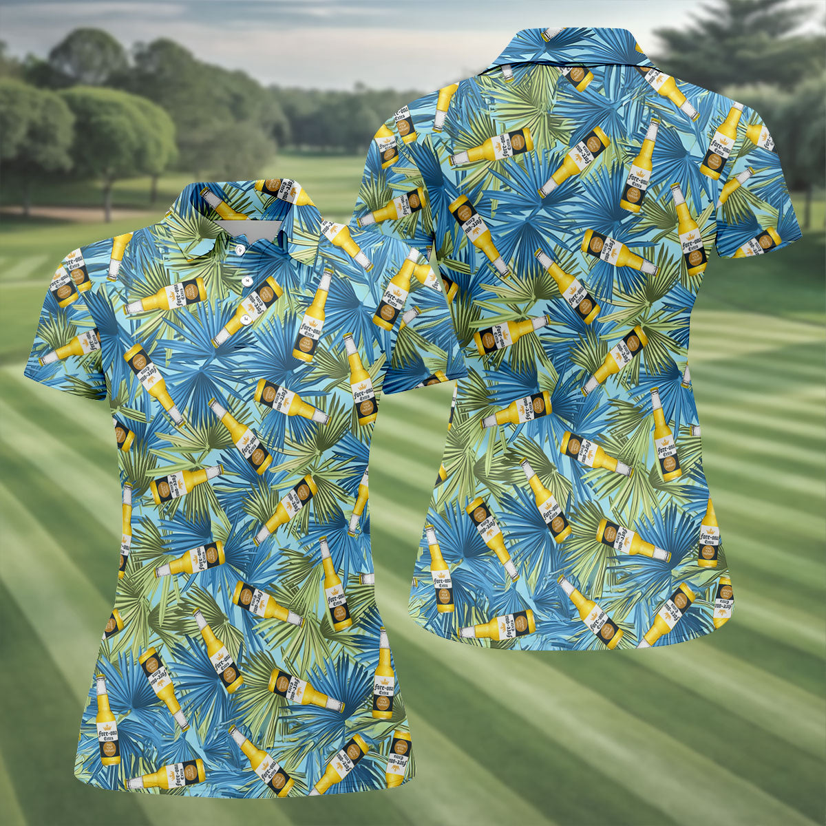 Funny Tropical Beer Bottle Pattern Golf Polo Shirt, Golf Tops For Women, Performance Golf Shirt
