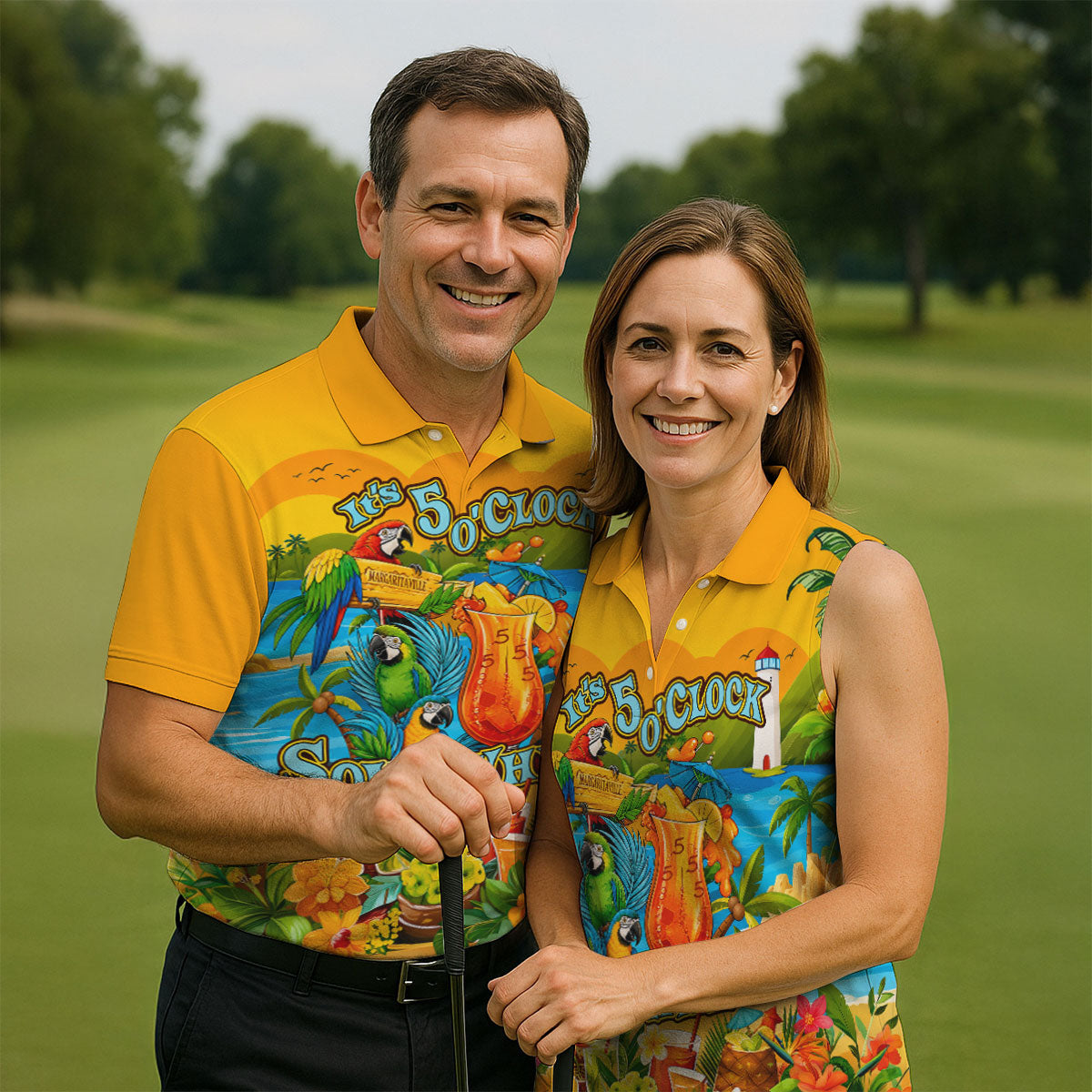 Golden Tropical Parrot Beach Cocktail Golf Polo Shirt, Men's Golf Shirt, Golf Polo Shirts For Men