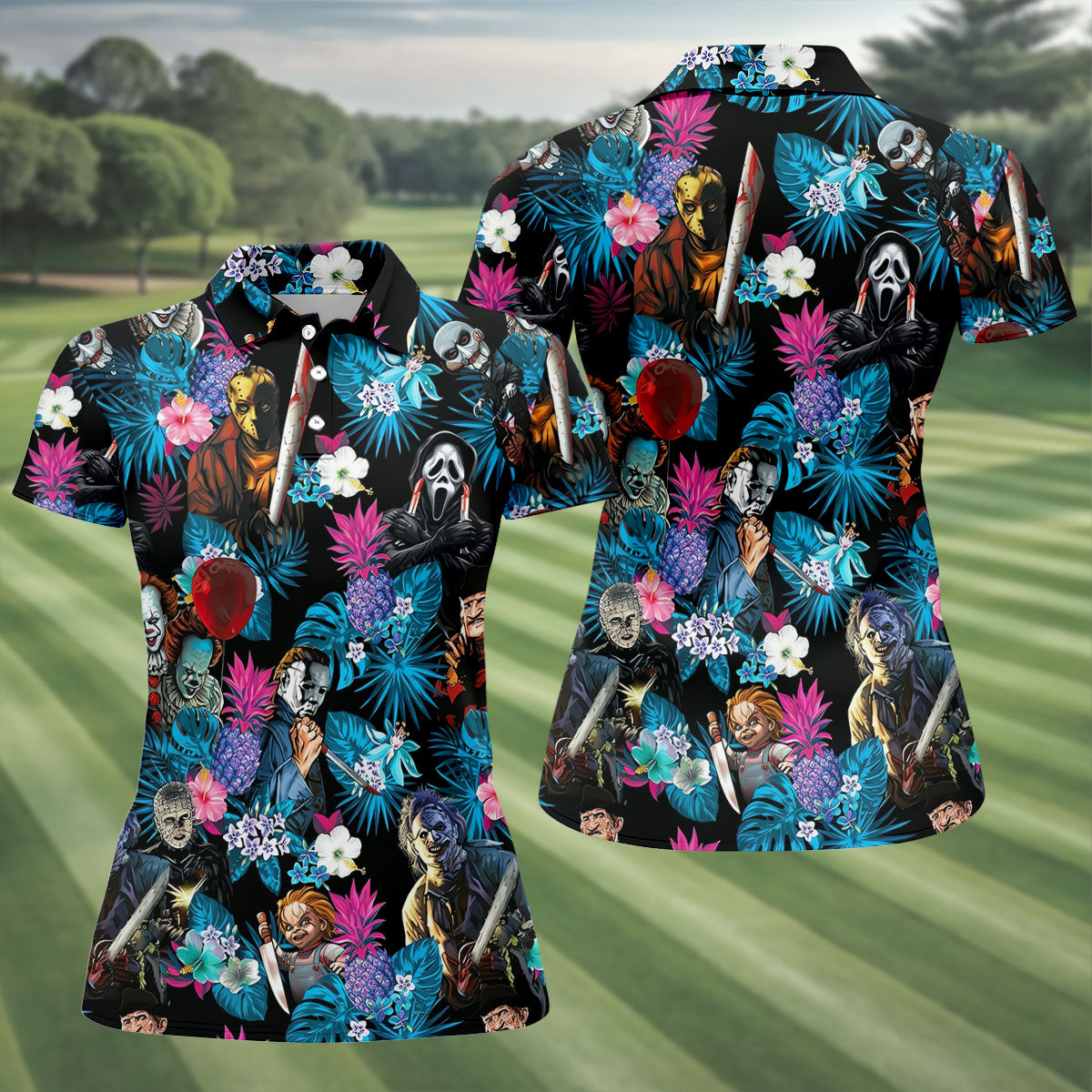 Tropical Horror Character Halloween Golf Shirt, Golf Shirts For Women, Women's Golf Apparel