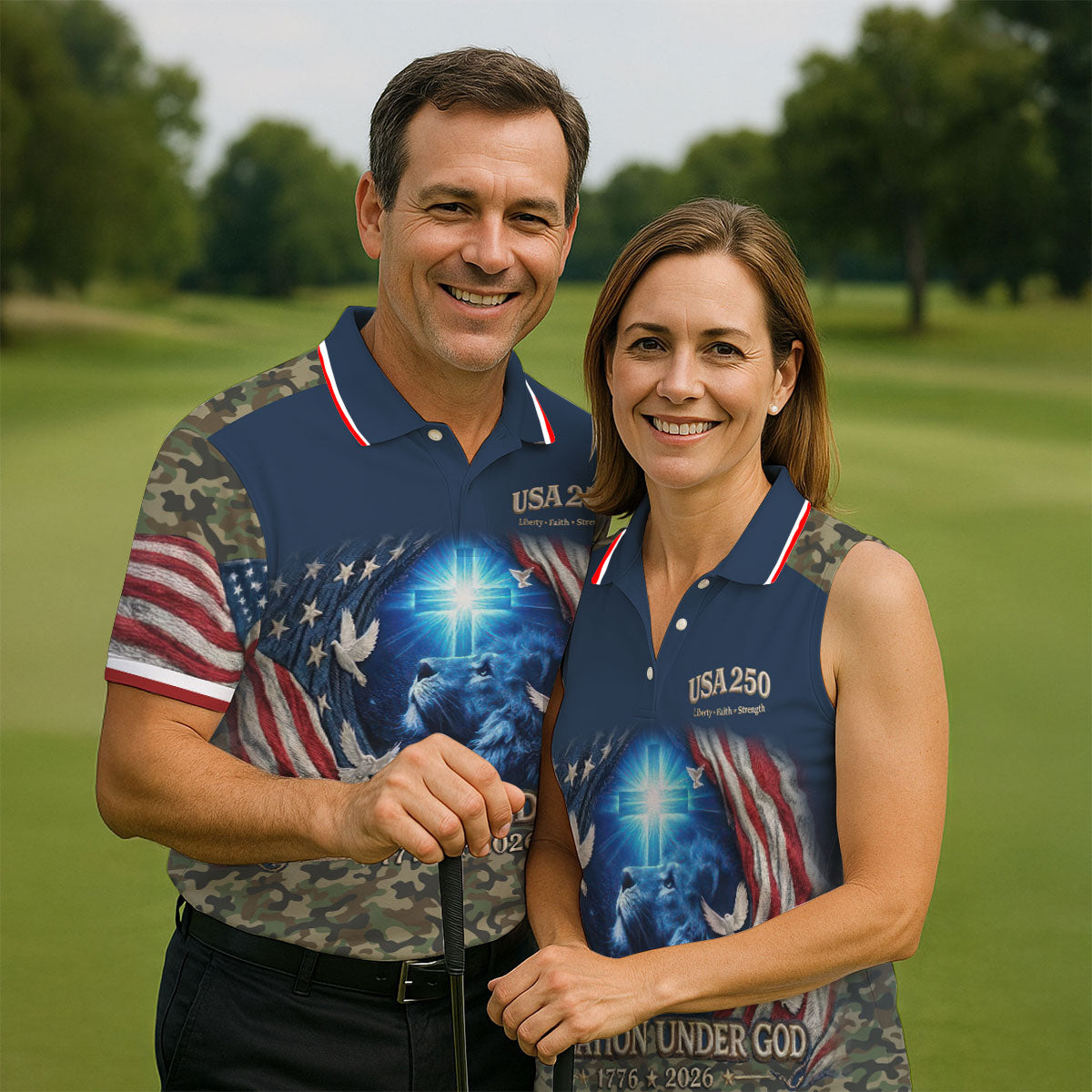 One Nation Under God Faith Cross USA 250 Navy Camo Golf Shirt, 4th Of July Golf Shirts For Men