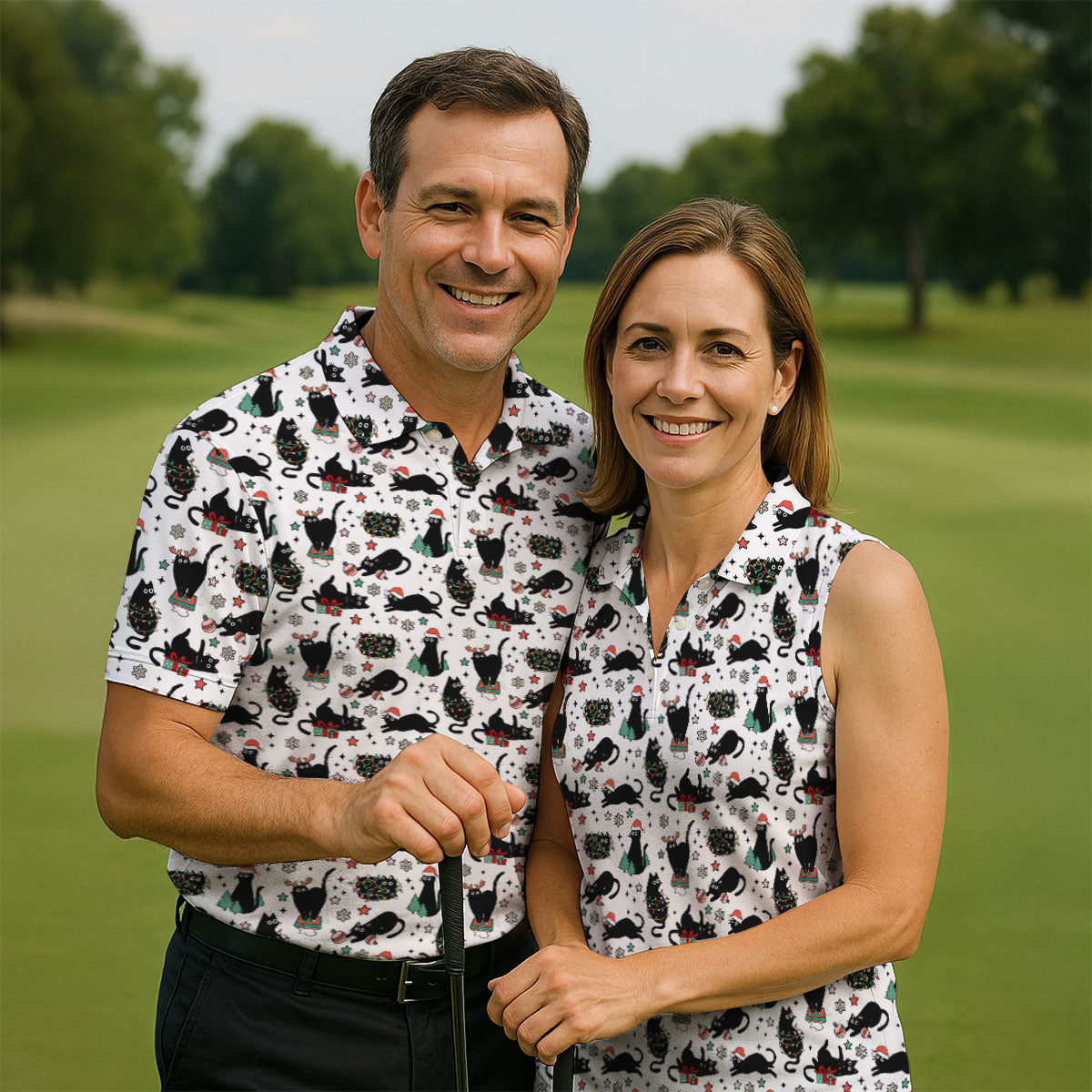 Xmas Black Cat Polo Shirts For Men, Christmas Golf Shirt, Golf Gift For Men, Christmas Golf Shirt