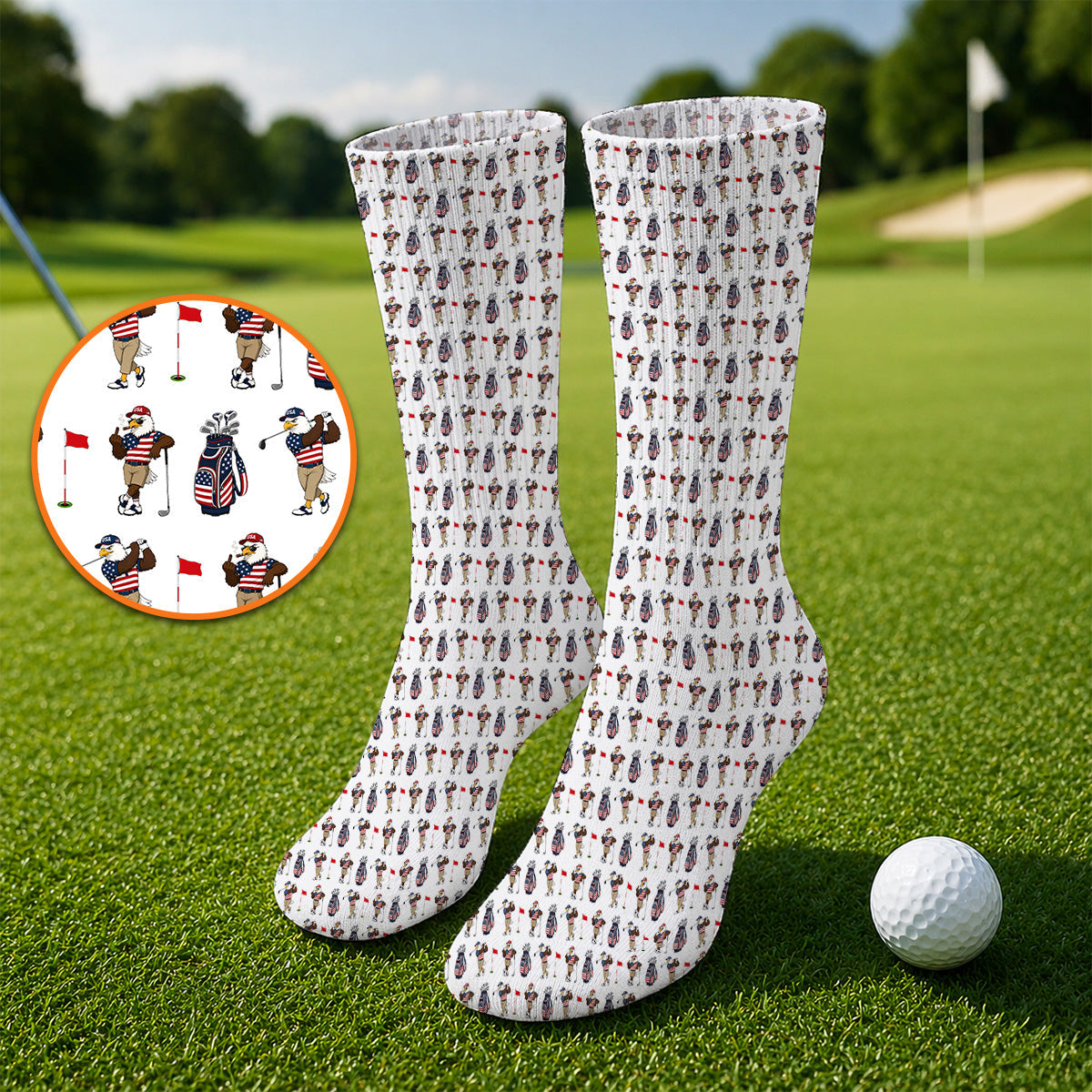 USA Patriotic Eagle Golf Socks, American Flag Eagle Golf Pattern Sock, 4th of July Golf Gift for Golfer
