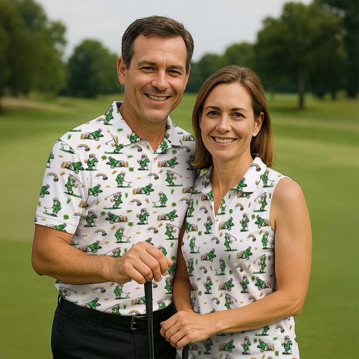 St Patrick's Day Leprechaun Character Golf And Beer White Golf Shirt, Fun Golf Shirts For Men, Polo For Men