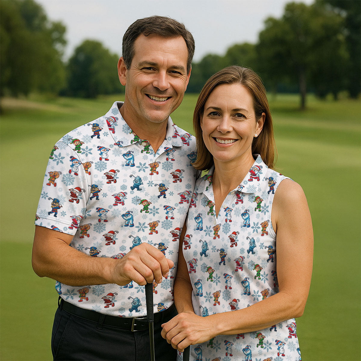Funny Christmas Characters Golf Pose Fun Women's Golf Shirts, Christmas Golf Shirt, Ladies Golf Shirts