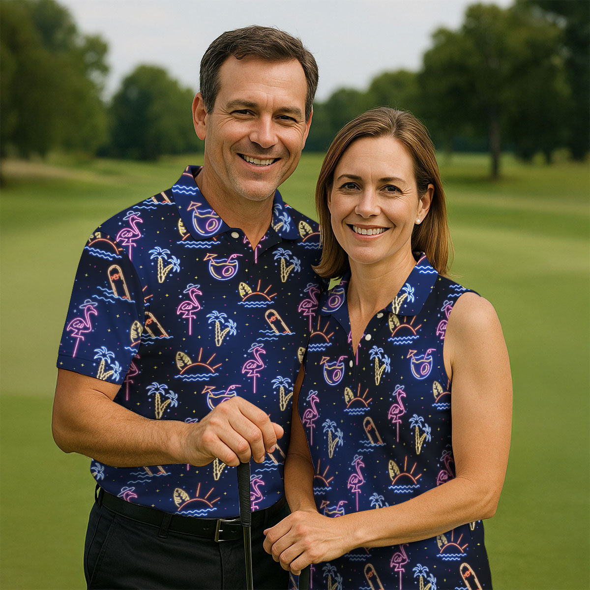 Neon Tropical Flamingo Sunset Cocktail Night Golf Polo, Hawaiian Golf Shirt, Polo Shirts For Men