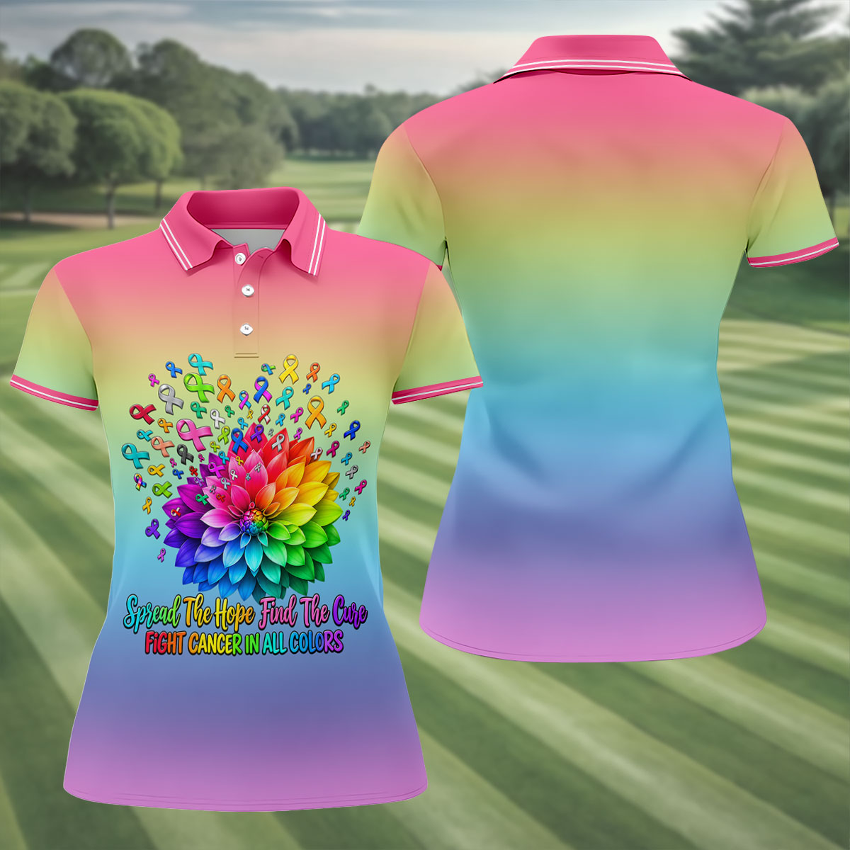 Spread Hope Find The Cure Rainbow Cancer Polo Shirt, Women's Golf Polo, Ladies Golf Top