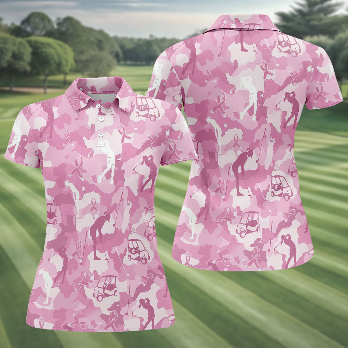 Pink Camo Golfer Breast Cancer Ribbon Polo Shirt, Ladies Golf Tops, Women’s Golf Polo