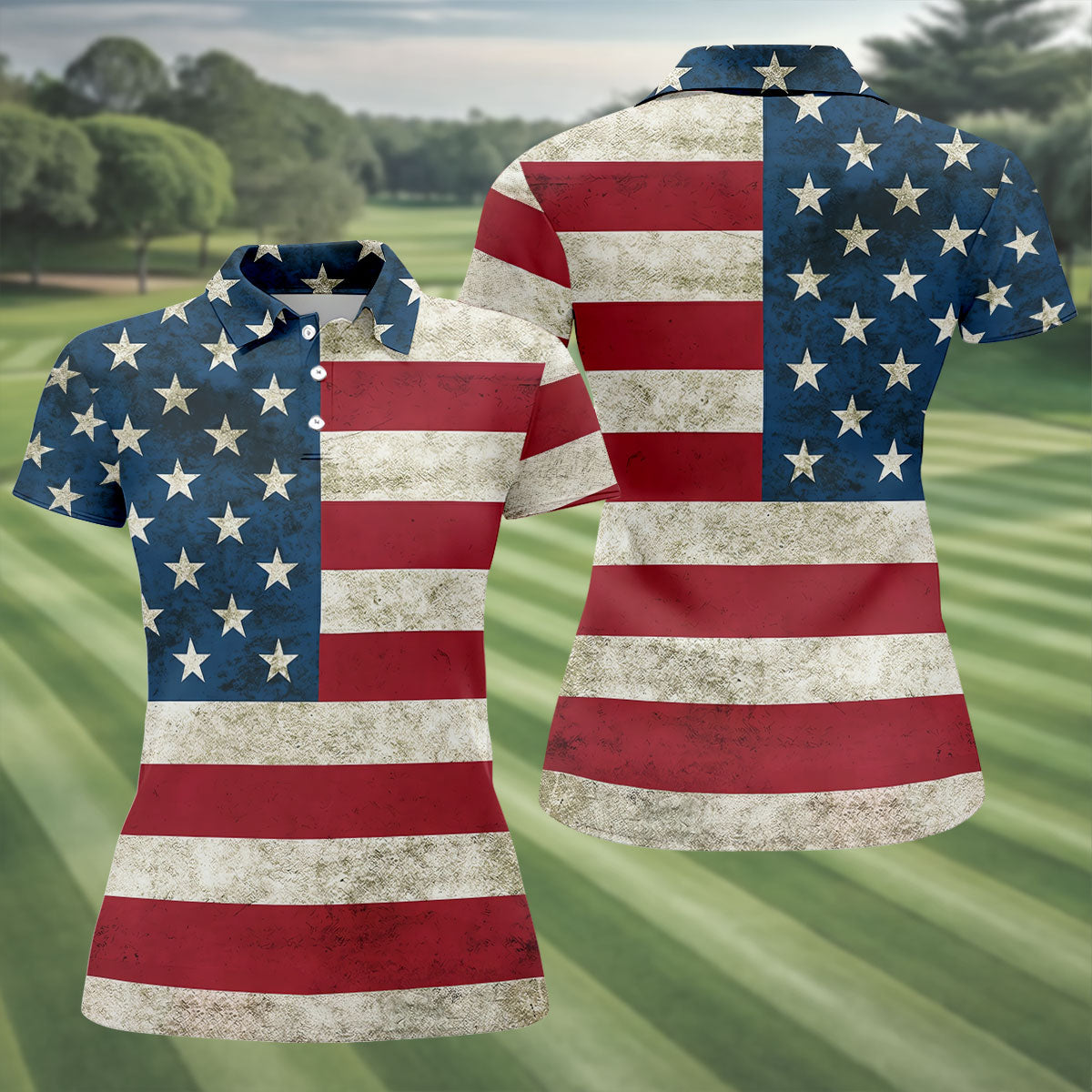 Distressed US Flag Golf Shirt, 250 Years Patriotic 4th Of July Golf Shirt For Women