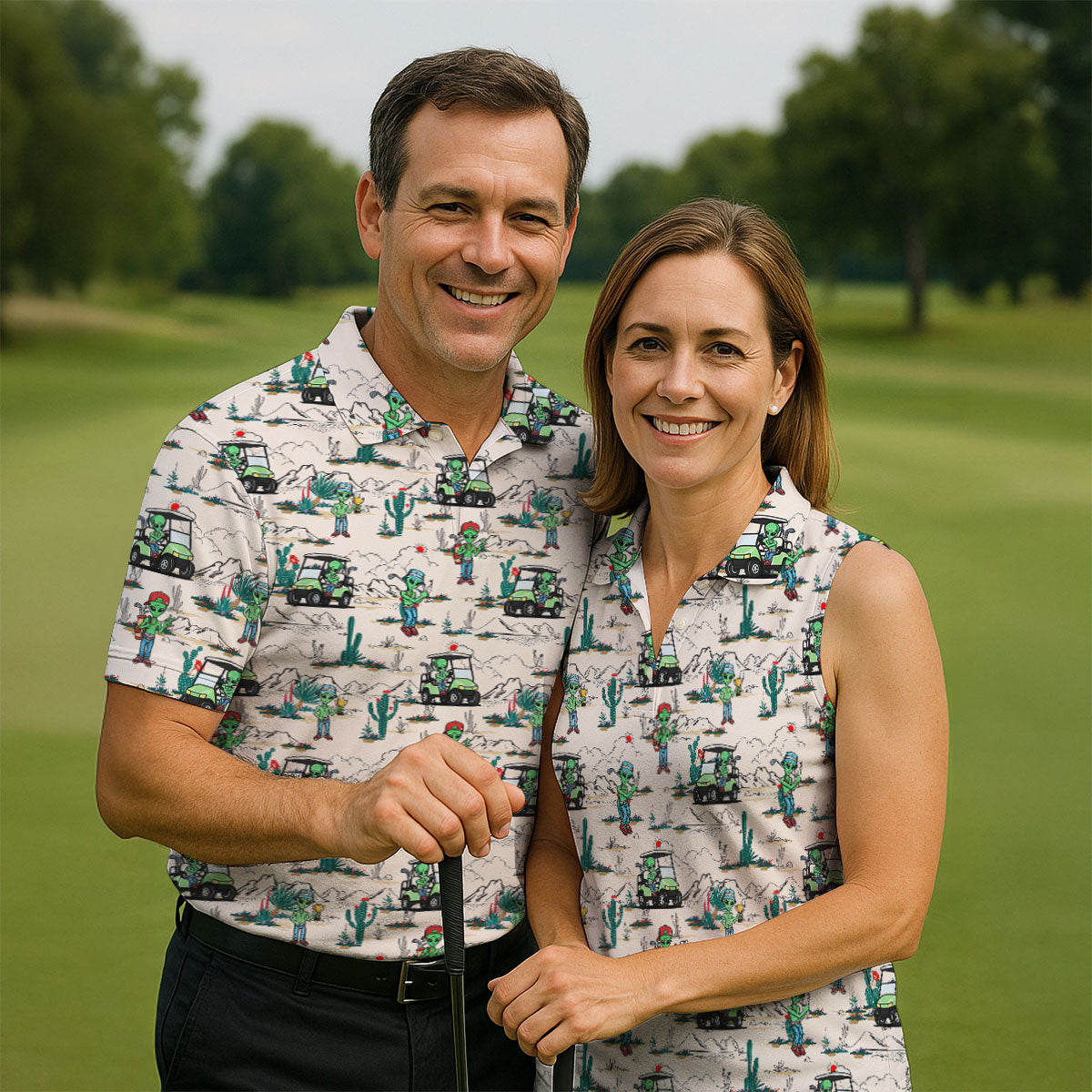Beige Alien Desert Golf Pattern Golf Polo Shirt, Golf Polo Shirts For Men, Hawaiian Golf Shirt