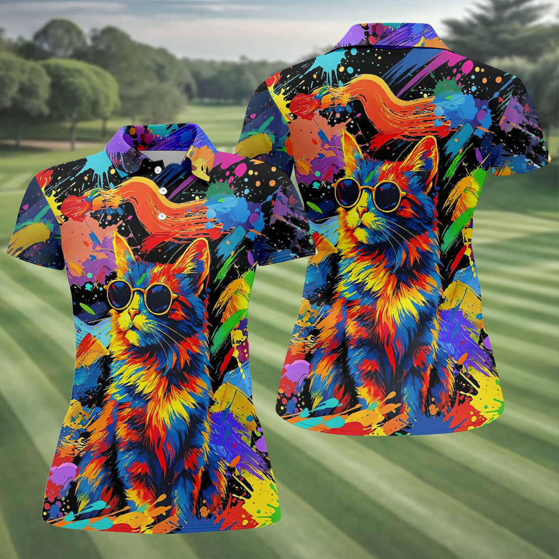 Colorful Cat Wearing Sunglasses Art Golf Shirt, Women's Golf Shirt, Hawaiian Golf Shirt
