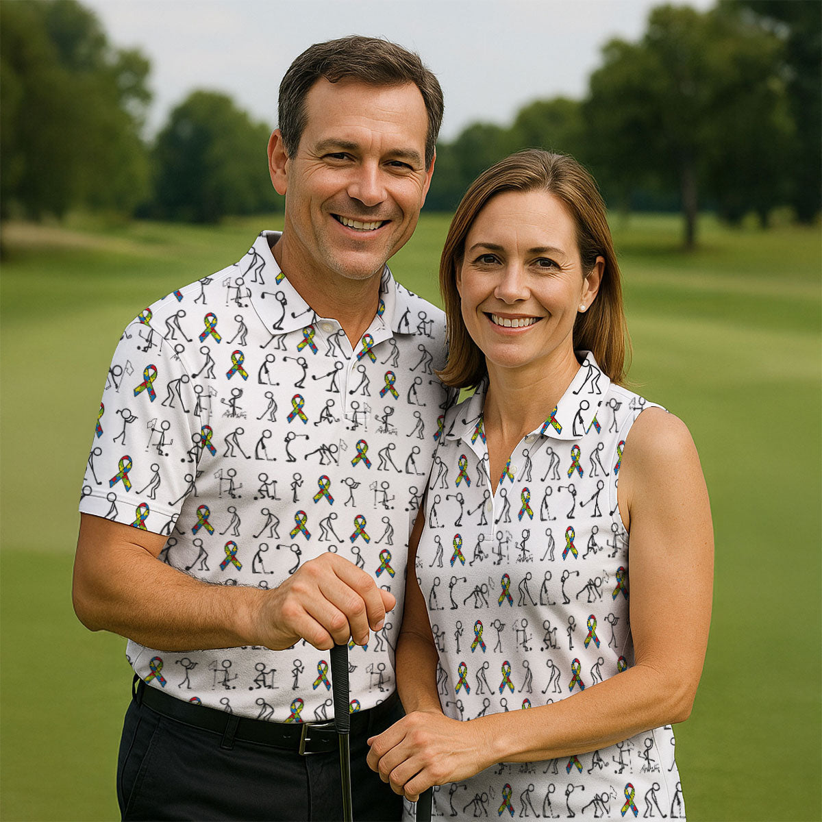 Stick Figure Golf Pose Autism Ribbon White Golf Shirt, Autism Awareness Colors Golf Shirts For Men