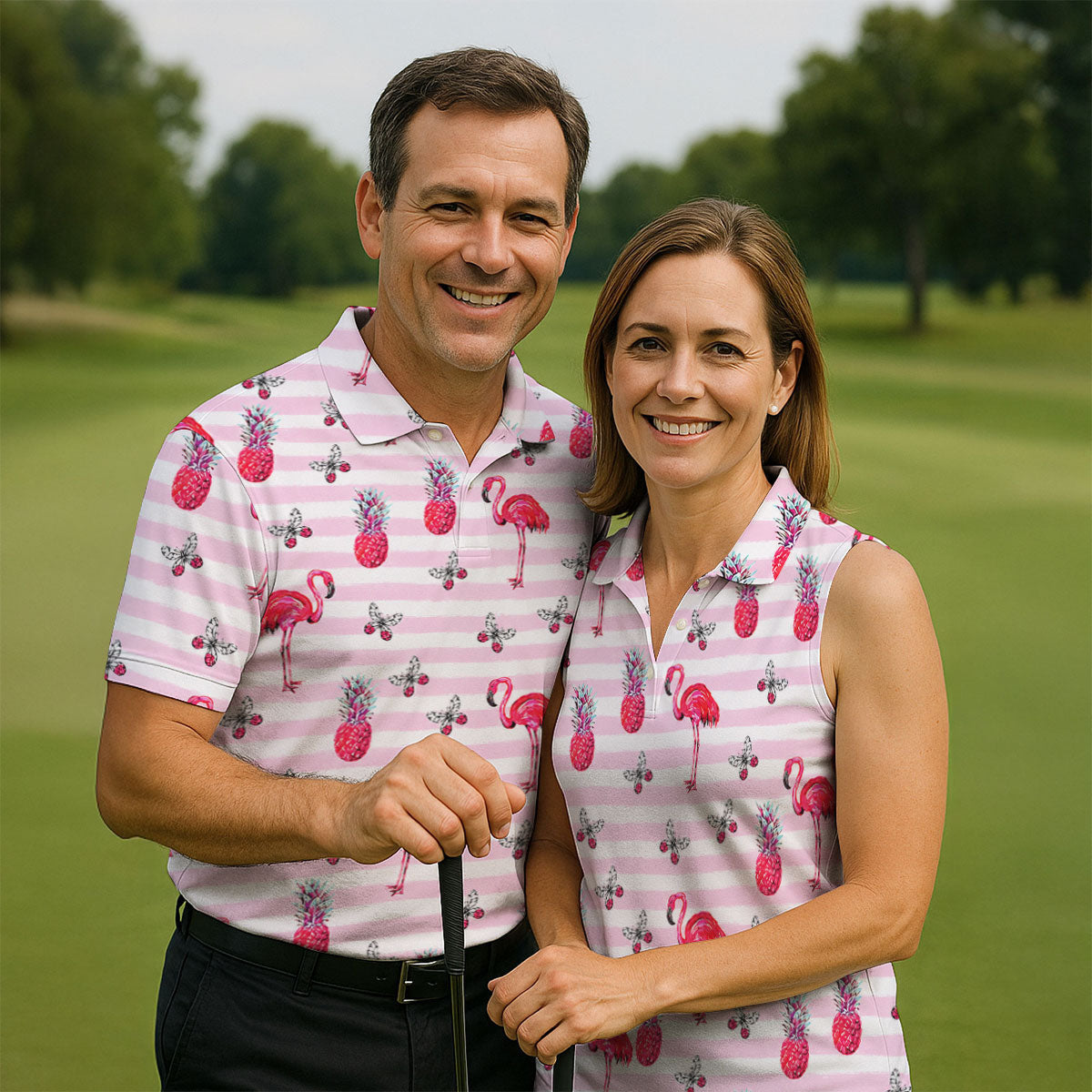 Pink Flamingo Pineapple Hawaiian Golf Polo Shirt, Polo Shirts For Men, Printed Golf Shirts