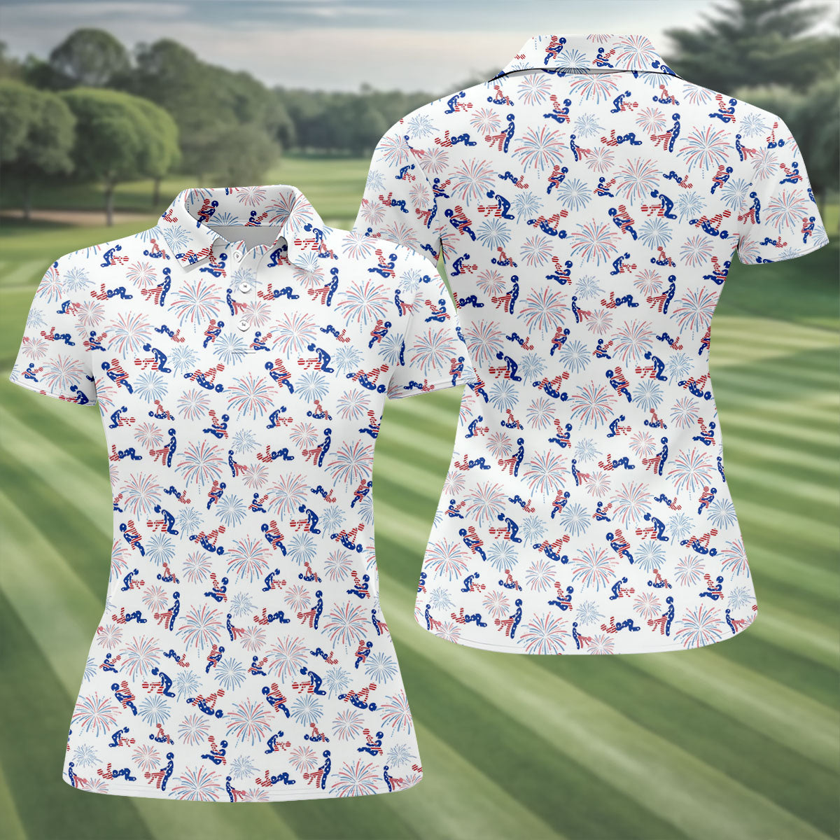 US Flag Pattern Naughty Couple Stick Figures Funny Golf Shirt, 250 Years Golf Shirt For Women