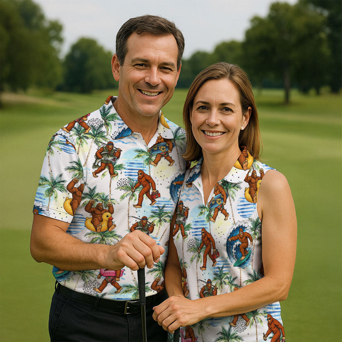 Tropical Bigfoot Surfing Fishing Beach Golf Shirt, Hawaiian Golf Shirt, Golf Apparel For Men, Mens Golf Shirts