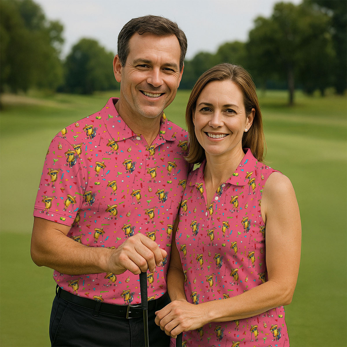 Fairway Fiesta Taco Margarita Mexico Theme Pink Golf Shirt, Men's Golf Shirts, Polo Shirts For Men